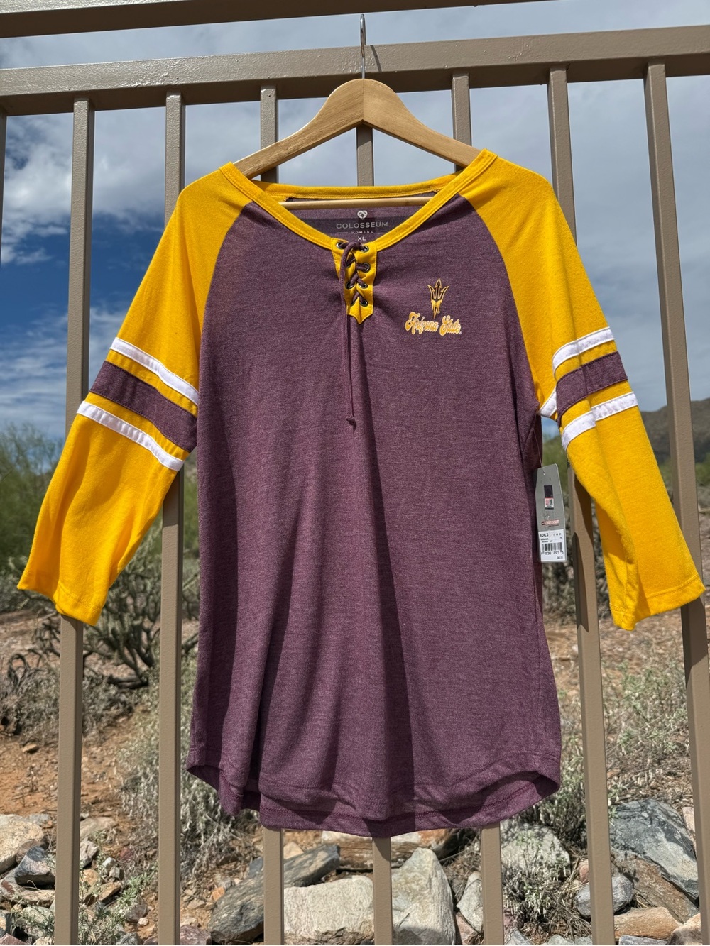 Colosseum NWT Maroon and Gold Lace-Up Raglan Long Sleeve Shirt W/ Iron On ASU